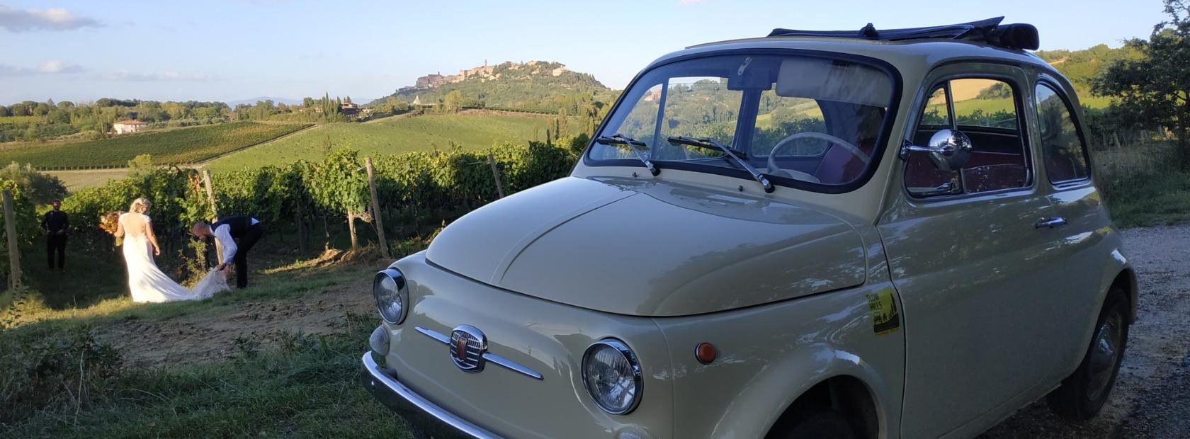 Noleggio Fiat 500 d'epoca per matrimoni e tour a Siena e in Valdorcia